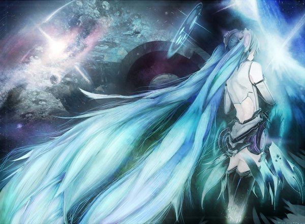 Anime picture 1225x900 with vocaloid vocaloid append hatsune miku hatsune miku (append) shisu (binzo3) twintails very long hair from behind aqua hair space girl detached sleeves thigh boots