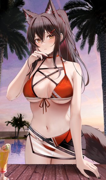 Anime picture 3392x5728 with arknights texas (arknights) ru zhai single long hair tall image looking at viewer blush fringe highres breasts light erotic black hair hair between eyes large breasts standing animal ears yellow eyes absurdres sky