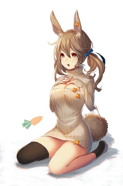 Anime picture 660x1000 with original yu-ri single long hair tall image blush fringe open mouth light erotic simple background red eyes brown hair white background sitting twintails animal ears looking away cleavage ahoge bent knee (knees)