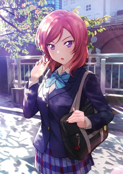 Anime picture 2492x3526 with love live! school idol project sunrise (studio) love live! nishikino maki shamakho single tall image looking at viewer blush highres short hair open mouth standing purple eyes outdoors red hair pleated skirt scan :o plaid skirt