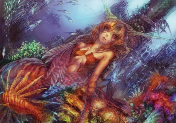 Anime picture 1345x945 with original munashichi single long hair red eyes horn (horns) orange hair underwater girl plant (plants) water fish (fishes) castle mermaid coral