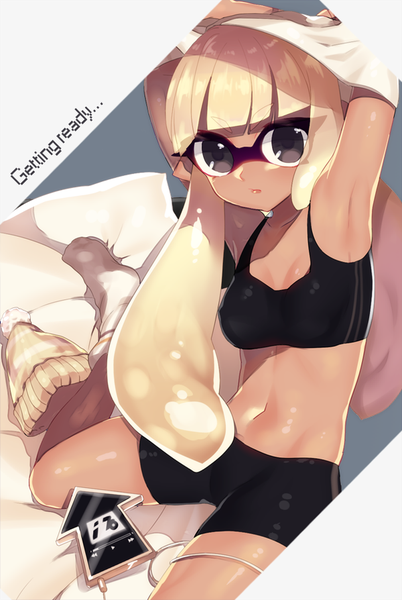 Anime picture 600x894 with splatoon nintendo inkling etsuo single long hair tall image looking at viewer fringe light erotic blonde hair sitting black eyes armpit (armpits) text wariza arms behind head english tentacle hair girl