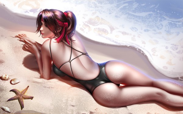 Anime picture 4000x2500 with final fantasy final fantasy vii square enix jessie rasberry liang xing single highres short hair light erotic brown hair brown eyes payot looking away absurdres ass ponytail lying from above lips from behind