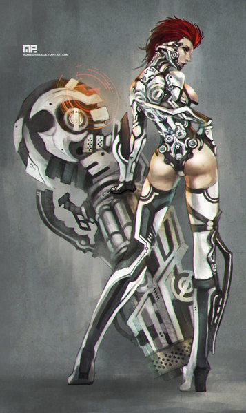 Anime picture 2088x3508 with original monori rogue single tall image highres short hair breasts light erotic red eyes ass red hair looking back cyberpunk girl weapon gun huge weapon