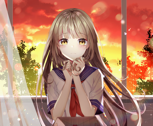 Anime picture 3265x2690 with original seno (senohime) long hair looking at viewer blush fringe highres brown hair yellow eyes absurdres sky upper body indoors blunt bangs arms up lens flare evening sunset solo focus pale skin