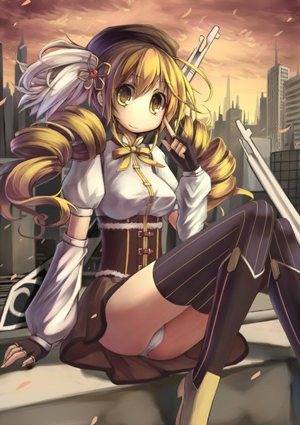 Anime picture 1240x1754 with mahou shoujo madoka magica shaft (studio) tomoe mami hoshi no gen single tall image looking at viewer light erotic blonde hair yellow eyes pantyshot drill hair pantyshot sitting girl thighhighs dress gloves underwear panties weapon