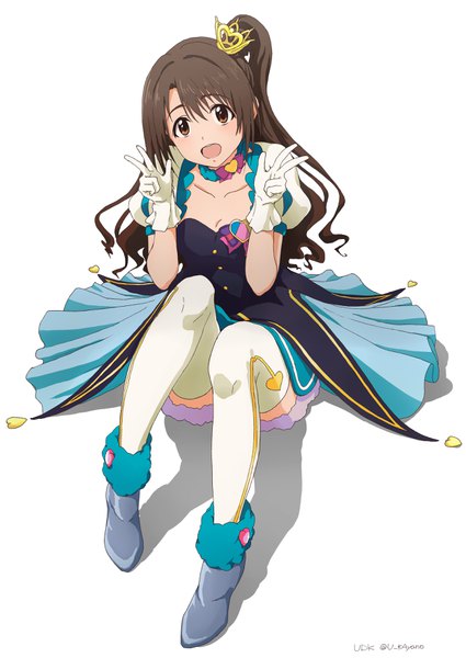 Anime picture 2507x3541 with idolmaster idolmaster cinderella girls shimamura uzuki ayano yuu (sonma 1426) single long hair tall image looking at viewer highres open mouth simple background brown hair white background sitting brown eyes full body :d puffy sleeves one side up victory