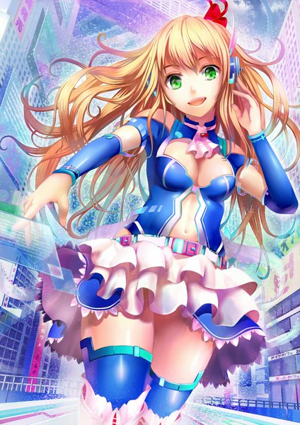 Anime picture 800x1131 with original hisahisahisahisa single long hair tall image looking at viewer open mouth blonde hair green eyes girl thighhighs dress headphones