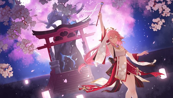Anime picture 5098x2894 with genshin impact yae miko morimori (14292311) single long hair fringe highres hair between eyes wide image standing pink hair absurdres outdoors eyes closed traditional clothes japanese clothes arm up cherry blossoms low ponytail nontraditional miko