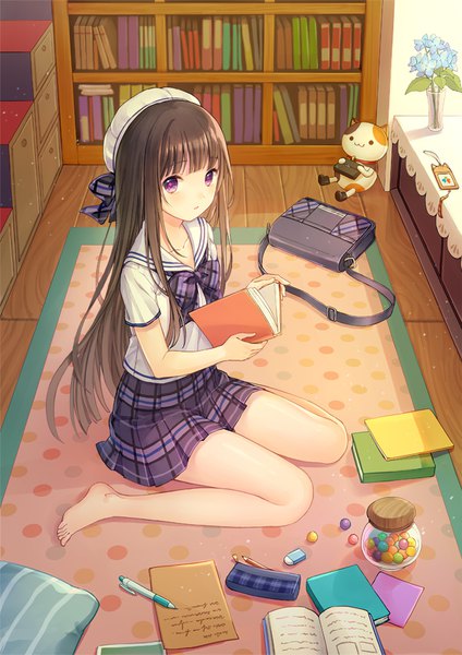 Anime picture 707x1000 with ipass (yi ka tong) xiao pa rio.lw single long hair tall image looking at viewer fringe brown hair sitting purple eyes holding full body indoors blunt bangs pleated skirt barefoot from above bare legs short sleeves
