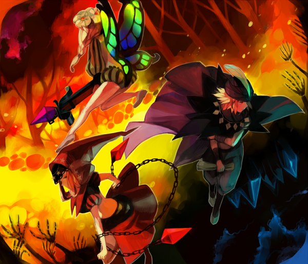 Anime picture 1166x1000 with odin sphere vanillaware velvet (odin sphere) mercedes (odin sphere) cornelius kashiwa blonde hair multiple girls insect wings butterfly wings girl boy skirt weapon 2 girls plant (plants) hat tree (trees) chain cloak