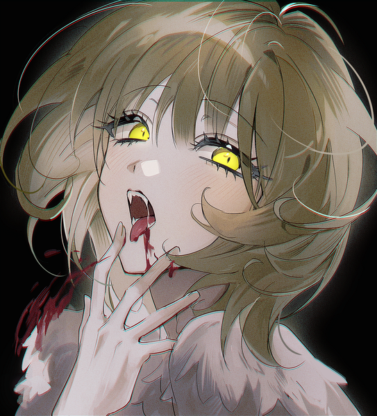 Anime picture 1325x1464 with dungeon meshi studio trigger falin touden falin touden (chimera) pb q single tall image looking at viewer blush short hair open mouth simple background brown hair yellow eyes upper body black background hand on face blood on face spoilers girl