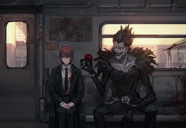 Anime picture 2629x1800 with chainsaw man death note madhouse mappa makima (chainsaw man) denji (chainsaw man) ryuk solraka long hair highres short hair black hair smile sitting yellow eyes red hair blood on face crossover bloody clothes train interior