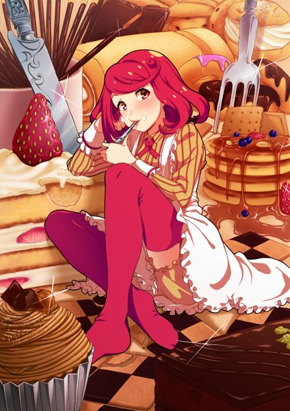 Anime picture 2480x3507 with original keidai single tall image looking at viewer blush highres short hair sitting pink hair bent knee (knees) pink eyes no shoes eating food on face girl thighhighs food sweets berry (berries)