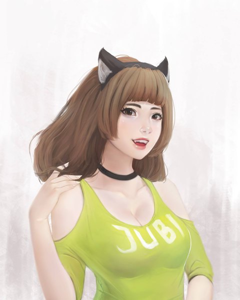 Anime picture 1638x2048 with original hana (jubi) jubi (regiana) single long hair tall image looking at viewer fringe open mouth light erotic brown hair bare shoulders brown eyes signed animal ears cleavage upper body blunt bangs arm up cat ears