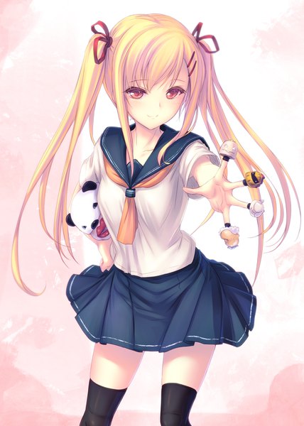 Anime picture 1000x1400 with original tenmaso single long hair tall image fringe simple background blonde hair red eyes white background twintails payot looking away light smile zettai ryouiki hand on hip girl thighhighs uniform black thighhighs
