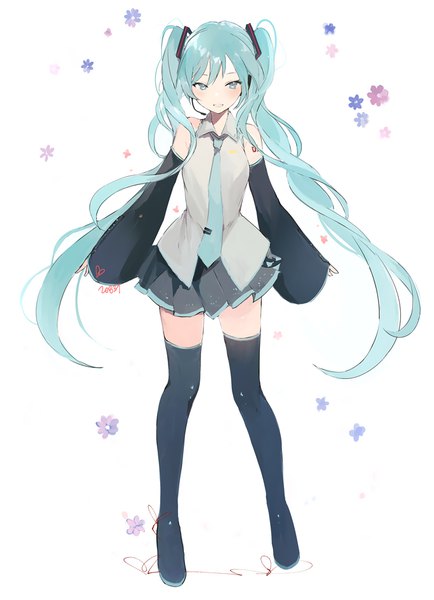 Anime picture 680x939 with vocaloid hatsune miku lpip single tall image standing white background twintails full body very long hair pleated skirt aqua eyes aqua hair floral background girl skirt detached sleeves miniskirt necktie boots