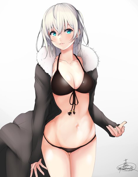 Anime picture 1172x1500 with original suzume (simple0091) single long hair tall image looking at viewer blush fringe breasts blue eyes light erotic simple background hair between eyes large breasts standing signed payot cleavage silver hair long sleeves