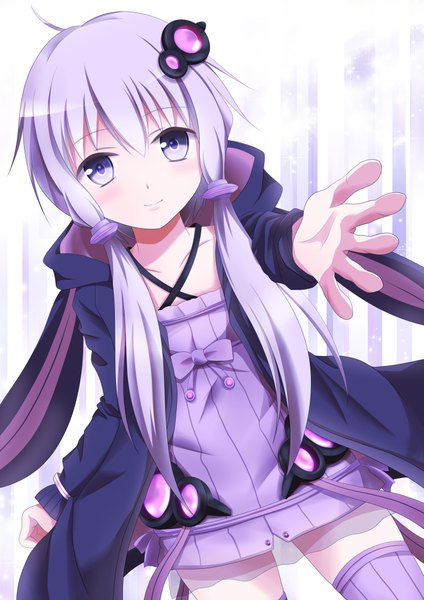 Anime picture 2893x4092 with vocaloid yuzuki yukari kuroganeruto single long hair tall image blush highres purple eyes twintails purple hair open clothes open jacket low twintails girl thighhighs hair ornament hair tubes