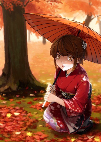 Anime picture 1028x1446 with original eri (resia) tall image short hair open mouth brown hair brown eyes japanese clothes girl kimono leaf (leaves) umbrella obi