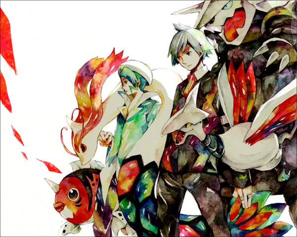 Anime picture 1248x1000 with pokemon nintendo milotic steven stone aggron skarmory seaking mikuri (pokemon) yuuichi (bobobo) simple background white background white hair profile aqua hair group traditional media gen 1 pokemon watercolor (medium) gen 3 pokemon hat