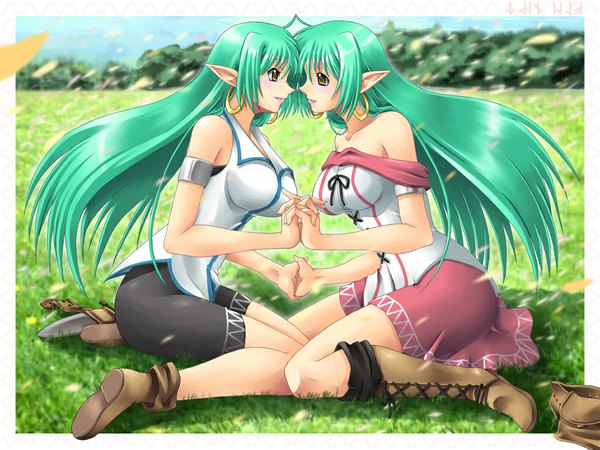 Anime picture 1024x768 with yaso shigeru long hair breasts light erotic large breasts multiple girls green hair pointy ears siblings twins interlocked fingers girl skirt weapon 2 girls earrings boots jewelry dagger