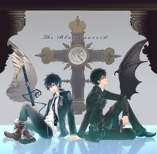 Anime picture 2000x1973 with ao no exorcist a-1 pictures okumura rin okumura yukio shihouakira highres short hair black hair pointy ears inscription angel wings siblings demon wings brothers boy weapon sword wings glasses necktie