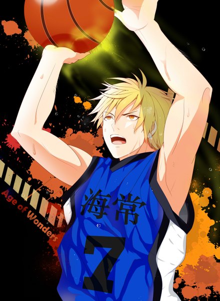 Anime picture 2165x2952 with kuroko no basket production i.g kise ryouta hate ani hikae single tall image highres short hair open mouth blonde hair yellow eyes inscription armpit (armpits) sweat muscle boy uniform gym uniform ball basketball ball