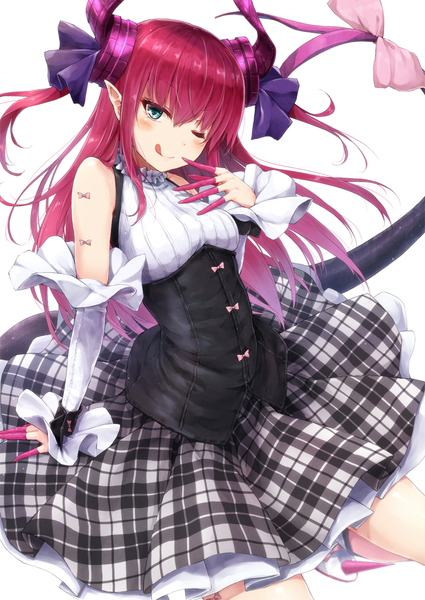 Anime picture 836x1180 with fate (series) fate/extra fate/extra ccc elizabeth bathory (fate) (all) elizabeth bathory (fate) suien single long hair tall image blush fringe breasts hair between eyes white background bare shoulders pink hair tail animal tail one eye closed horn (horns)