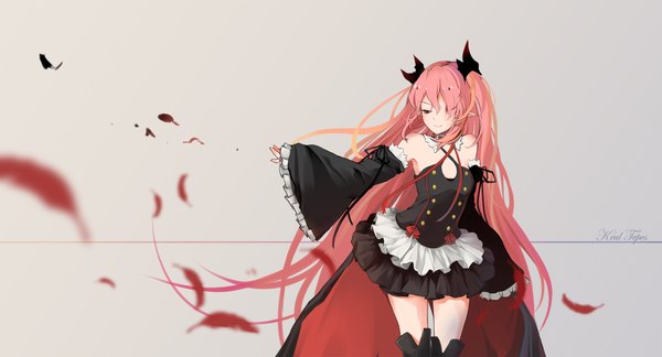 Anime picture 2100x1136 with owari no seraph wit studio kururu tepes dre single fringe highres simple background smile red eyes wide image standing twintails bare shoulders looking away pink hair long sleeves very long hair pointy ears hair over one eye