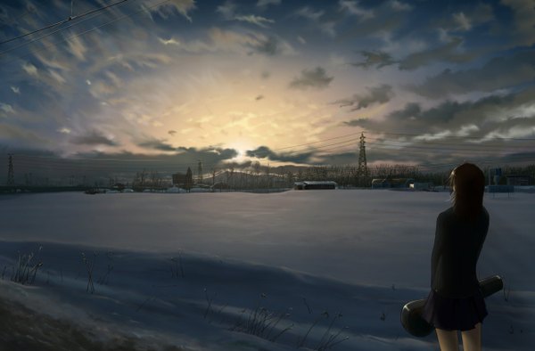 Anime picture 1234x812 with original living (artist) single sky cloud (clouds) from behind evening sunset winter snow landscape girl skirt plant (plants) tree (trees) forest power lines road