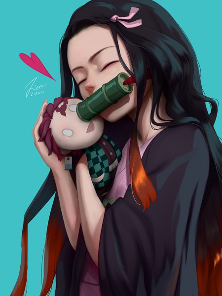 Anime picture 1500x2000 with kimetsu no yaiba ufotable kamado nezuko kamado tanjirou zienu single long hair tall image black hair simple background holding signed upper body eyes closed traditional clothes japanese clothes multicolored hair wide sleeves two-tone hair ^ ^