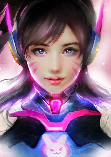 Anime-Bild 707x1000 mit overwatch blizzard entertainment d.va (overwatch) muju single long hair tall image looking at viewer fringe brown hair purple eyes parted lips realistic lipstick facial mark portrait pink background pink lipstick whisker markings animal print