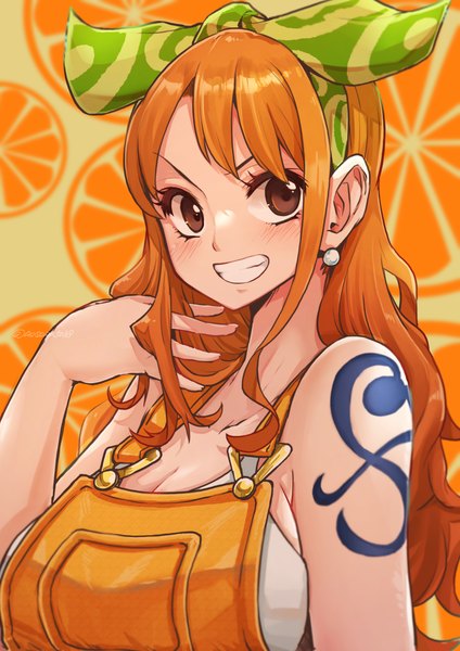 Anime picture 1191x1684 with one piece one piece: stampede toei animation nami (one piece) aosora2823 single long hair tall image smile brown eyes upper body orange hair tattoo sleeveless grin girl ribbon (ribbons) hair ribbon earrings