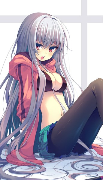 Anime picture 572x1000 with original reia single tall image looking at viewer blush open mouth light erotic red eyes silver hair very long hair girl skirt navel pantyhose bikini top