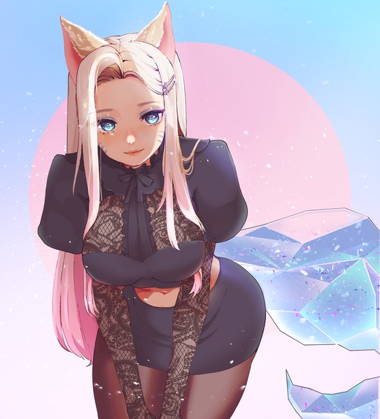 Anime picture 1552x1715 with league of legends ahri (league of legends) candyc lysm single long hair tall image looking at viewer breasts blue eyes simple background blonde hair smile large breasts standing animal ears payot tail animal tail multicolored hair two-tone hair