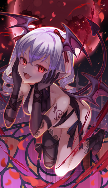 Anime picture 3000x5200 with original amahara subaru single long hair tall image looking at viewer fringe highres open mouth light erotic smile hair between eyes red eyes silver hair tail :d pointy ears night fang (fangs) night sky