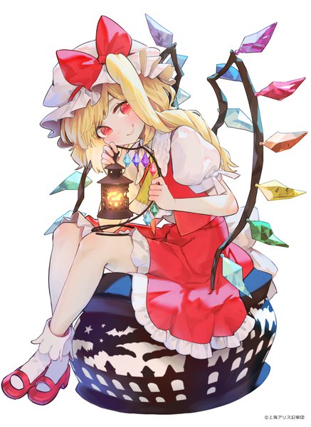 Anime picture 728x1000 with touhou flandre scarlet syuri22 single tall image looking at viewer blush short hair simple background blonde hair smile red eyes white background sitting full body puffy sleeves one side up girl skirt bow