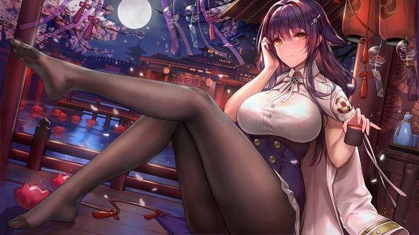Anime picture 1667x938 with azur lane azuma (azur lane) zjsstc single long hair looking at viewer blush fringe breasts light erotic black hair smile hair between eyes wide image large breasts sitting holding animal ears yellow eyes payot