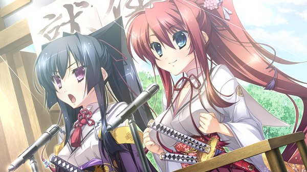 Anime picture 1280x720 with appare! tenka gomen tokugawa yoshine katagiri hinata long hair open mouth blue eyes black hair smile wide image multiple girls game cg ponytail red hair traditional clothes pink eyes hair flower girl hair ornament weapon 2 girls