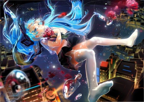 Anime picture 3035x2149 with vocaloid hatsune miku bottle miku siloteddy single long hair highres blue eyes light erotic blue hair absurdres night depth of field no shoes tears city looking up falling liquid hair girl