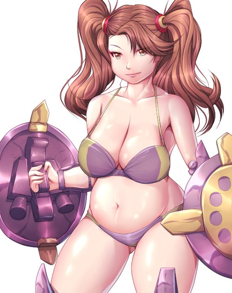 Anime picture 1080x1359 with mobile suit gundam gundam build fighters sunrise (studio) sazaki kaoruko harihisa single long hair tall image breasts light erotic simple background brown hair large breasts white background twintails brown eyes bare belly girl navel swimsuit