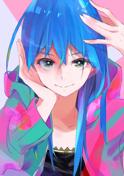 Anime picture 1240x1754 with original kobuta single long hair tall image looking at viewer fringe smile hair between eyes green eyes blue hair upper body hand on head hand on face girl hood hoodie