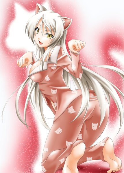 Anime picture 1036x1450 with bakemonogatari shaft (studio) monogatari (series) hanekawa tsubasa black hanekawa bisyamonoh (artist) single long hair tall image animal ears yellow eyes white hair looking back barefoot cat ears girl pajamas