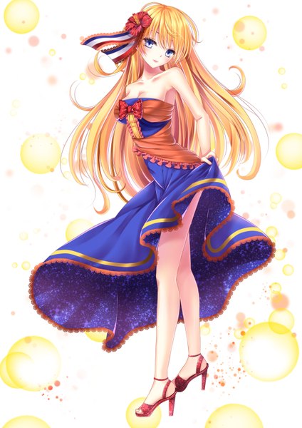 Anime picture 1060x1500 with original toshi (1-147) single long hair tall image looking at viewer blush blue eyes blonde hair smile bare shoulders cleavage barefoot hair flower lips legs personification girl dress hair ornament