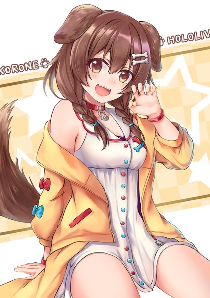Anime picture 1764x2508 with virtual youtuber hololive inugami korone touri tarou (misconception) single long hair tall image looking at viewer fringe highres open mouth hair between eyes brown hair sitting brown eyes animal ears tail braid (braids) :d animal tail