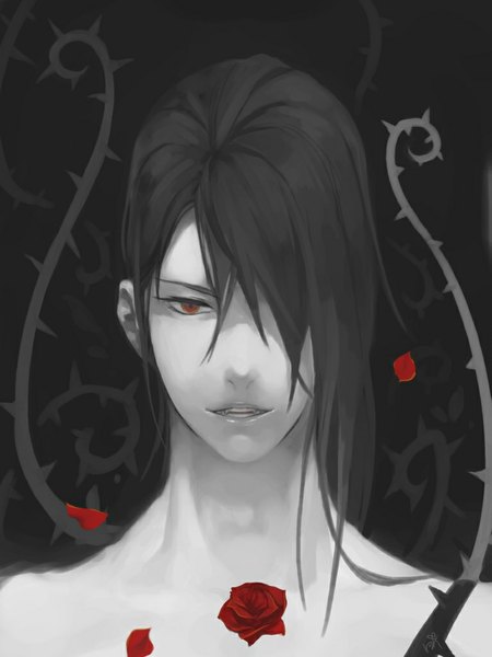 Anime picture 768x1024 with original chongcao single long hair tall image looking at viewer fringe open mouth black hair simple background red eyes hair over one eye black background portrait shirtless boy flower (flowers) plant (plants) petals rose (roses)