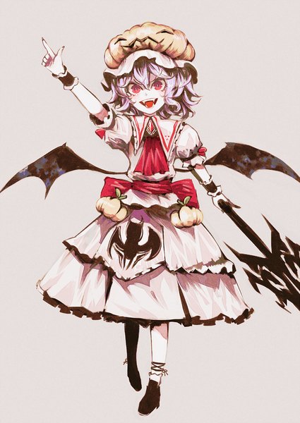 Anime picture 620x876 with touhou remilia scarlet uni (bom19850101) single tall image short hair open mouth simple background hair between eyes looking away purple hair pink eyes arm up grey background fang (fangs) puffy sleeves halloween walking bat wings vampire