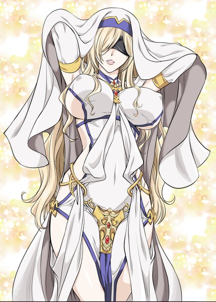 Anime picture 900x1259 with goblin slayer! sword maiden hanzaki jirou single long hair tall image looking at viewer fringe breasts light erotic blonde hair simple background large breasts standing parted lips arms up sideboob covered navel covered nipples blindfold