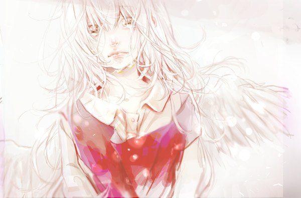 Anime picture 2332x1536 with si (pixiv) single long hair looking at viewer blush highres simple background white background white hair lips angel wings crying sad girl shirt wings feather (feathers)